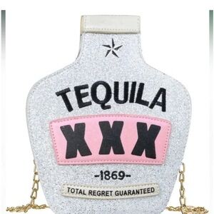 Tequila Silver Glitter crossbody Purse Shoulder Handbag With Gold Strap worn 1x